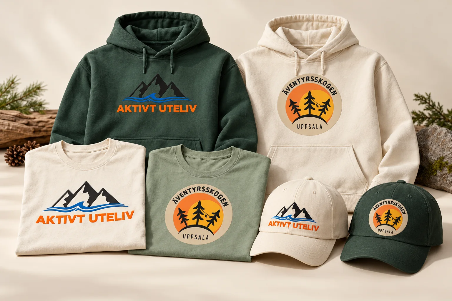 Illustrativ designskiss av t-shirts, hoodies och kepsar med Aktivt Utelivs och Äventyrsskogens loggor