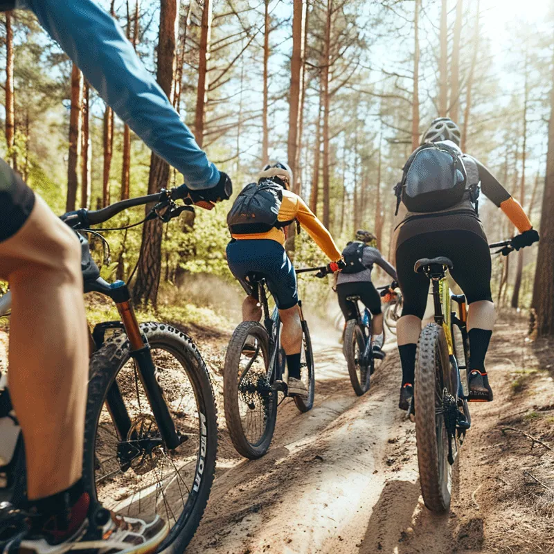 En grupp mountainbikecyklister på skogsstig